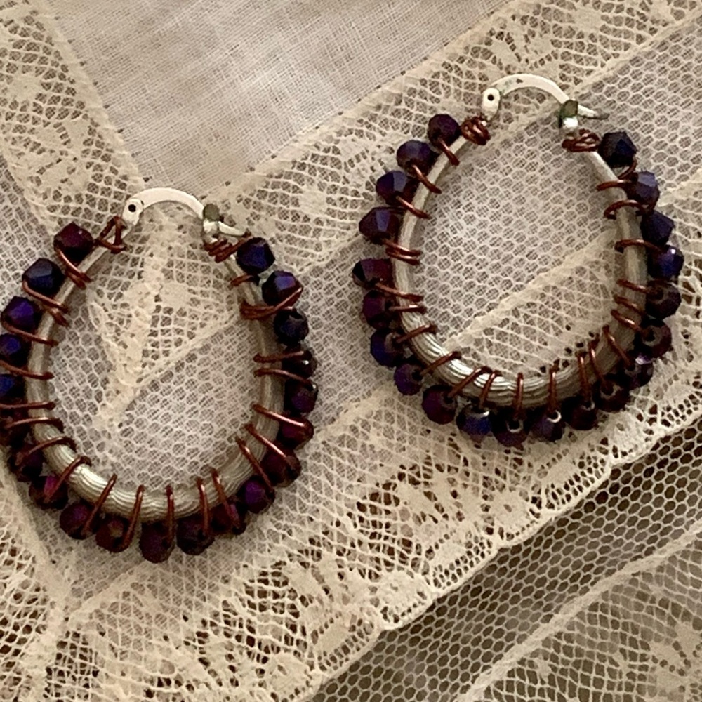 925 Silver Copper Wire Wrapped Hoop Earrings Iridescent Purple Dark Blue Beads